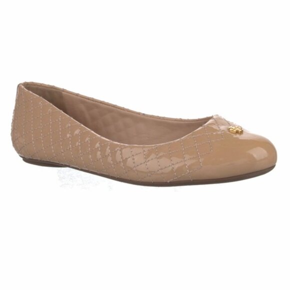 Tory Burch Quilted Patent Leather Ballet Flats Logo Neutral Shoes Round Toe Tan - Picture 1 of 15